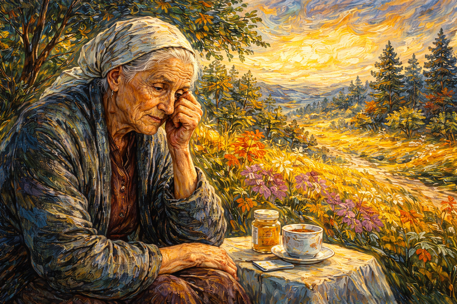 Staršia žena v krajine pri západe slnka