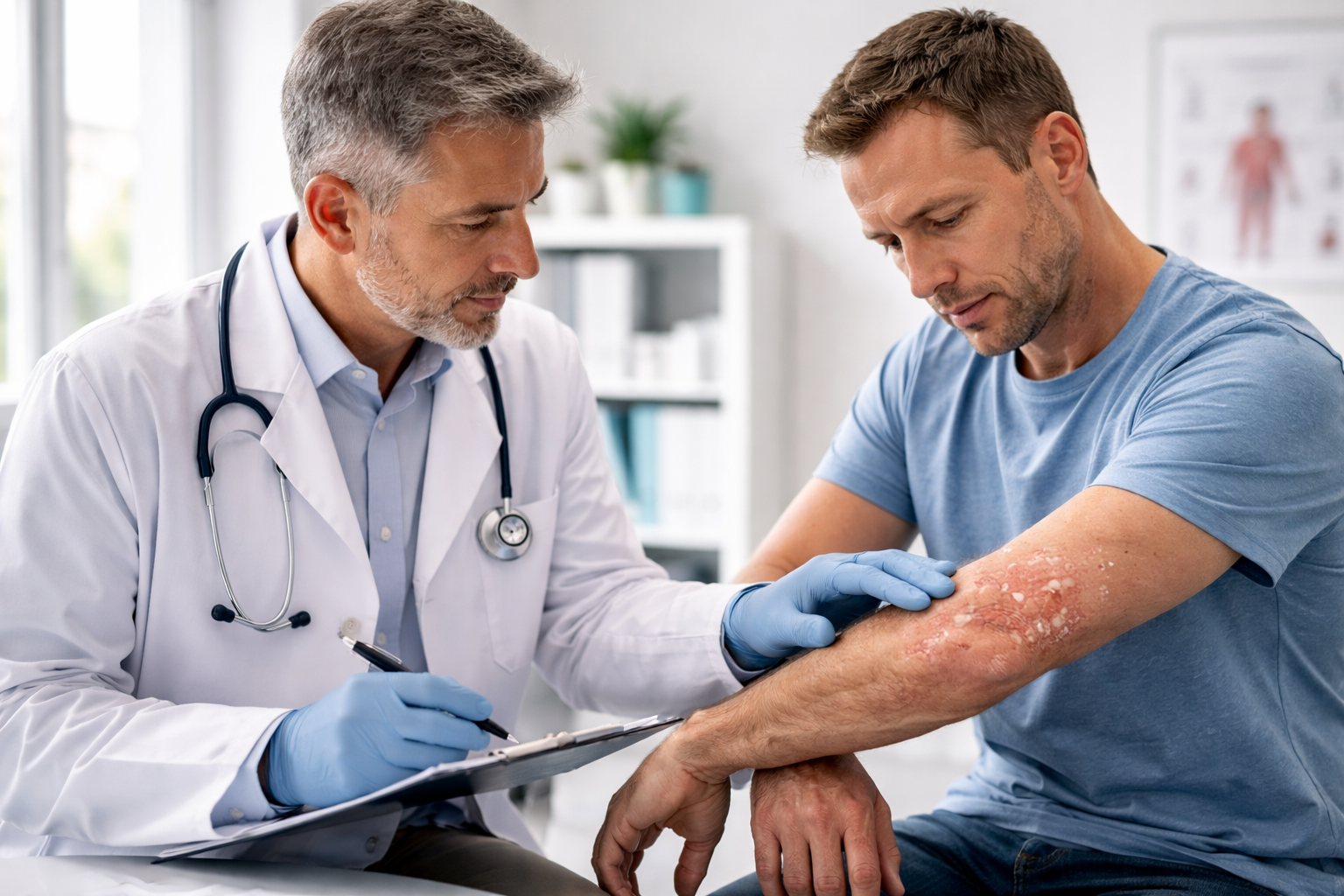 Dermatológ vyšetruje psoriázu na predlaktí