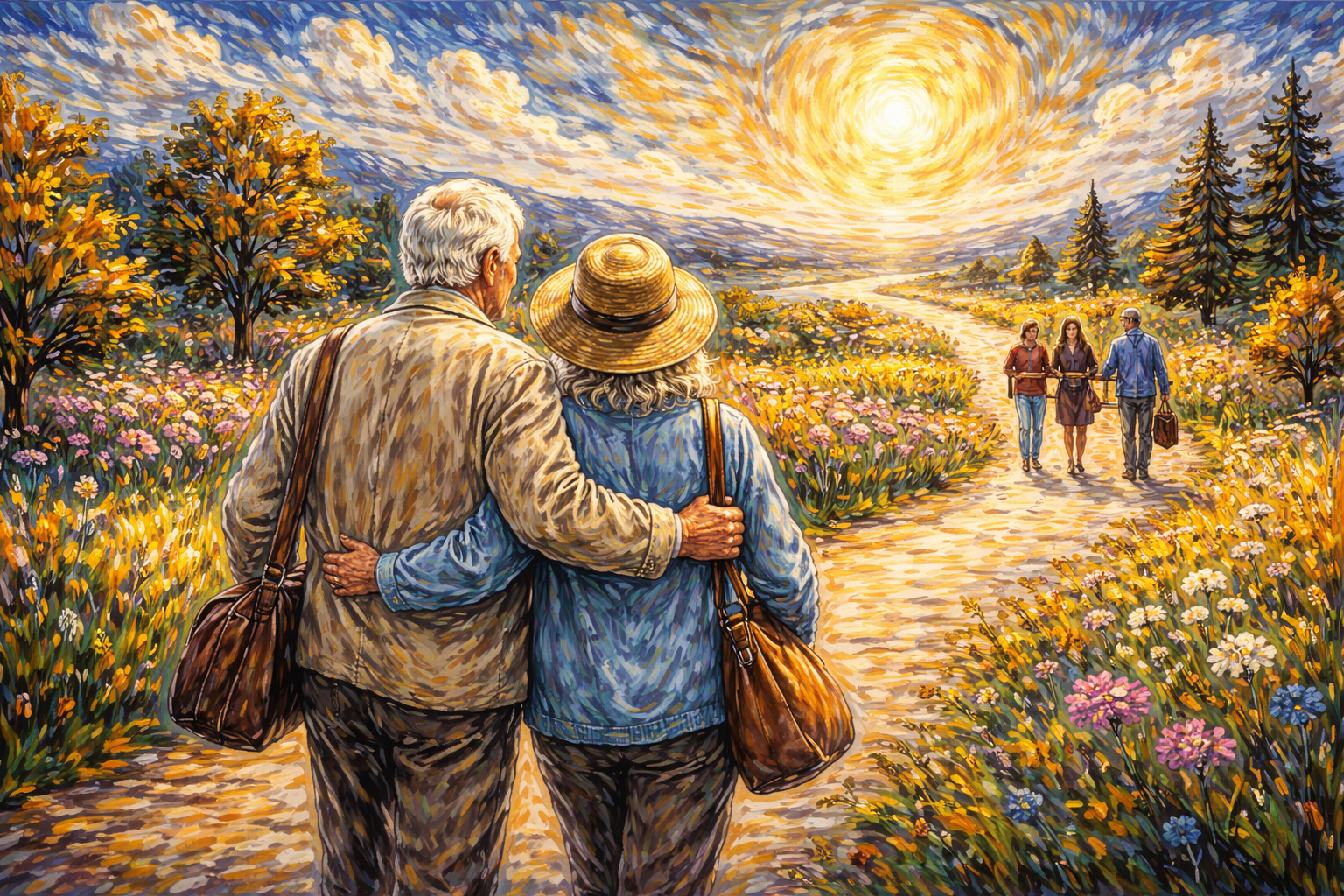 Starší pár na slnečnej ceste