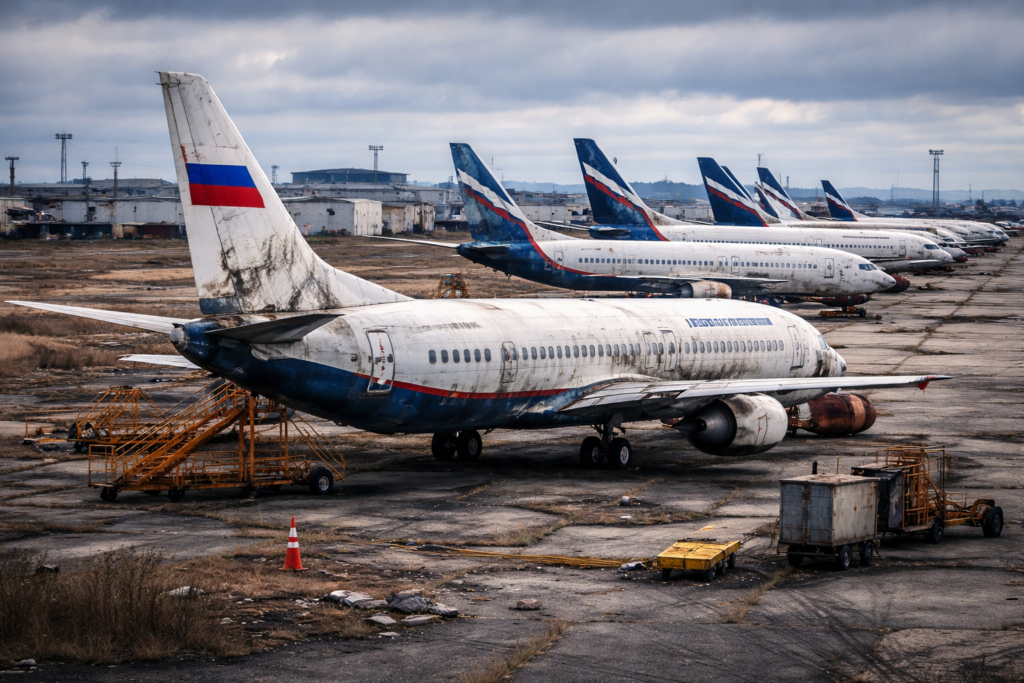Opustené ruské letisko s dopravnými lietadlami