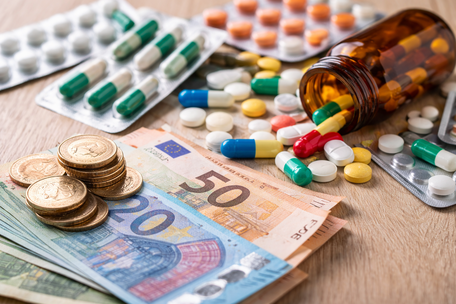 Lieky a peniaze na stole