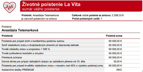 Životné poistenie La Vita - ukážka